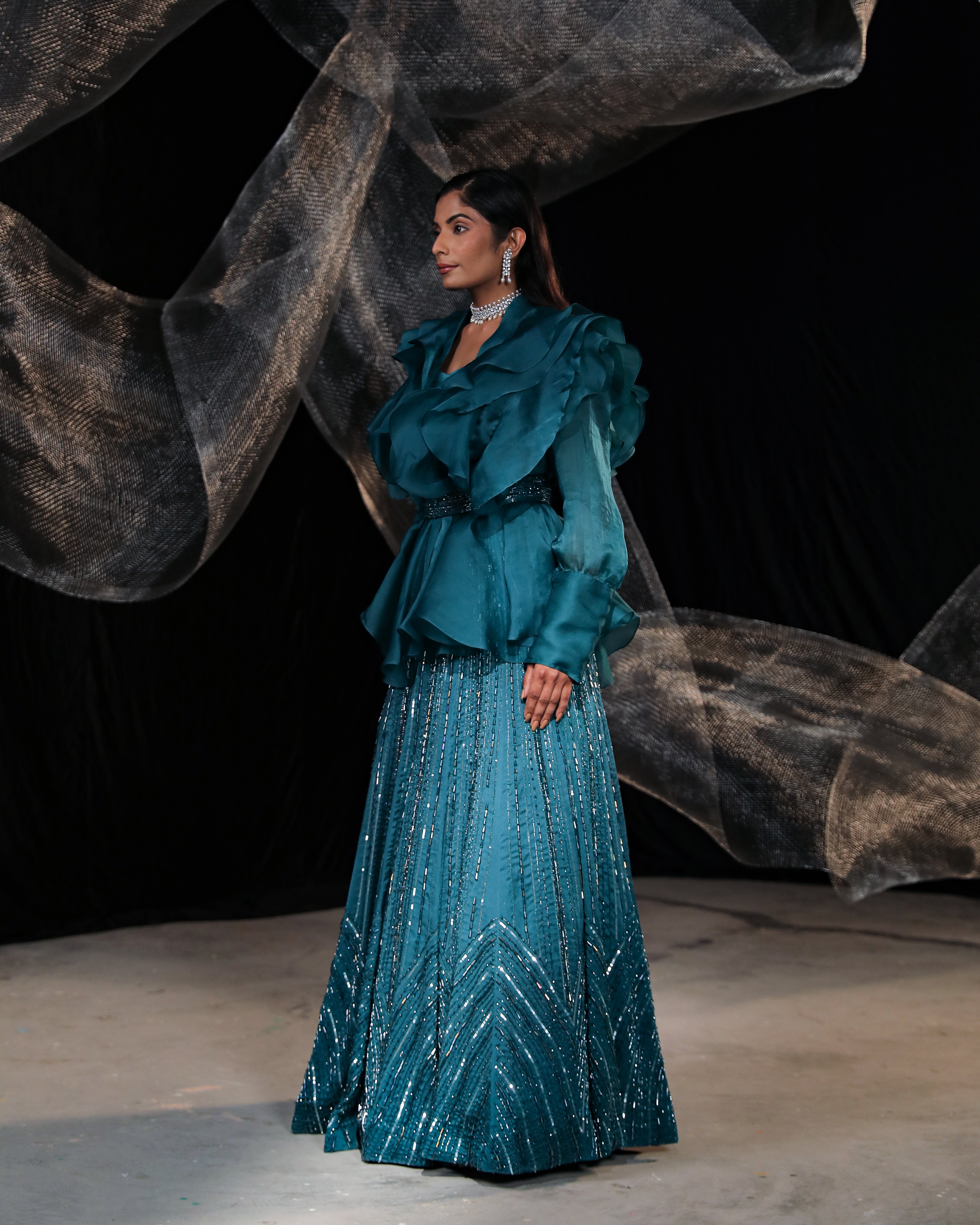 Sage cyan Overlay jacket lehenga ||Gravity||