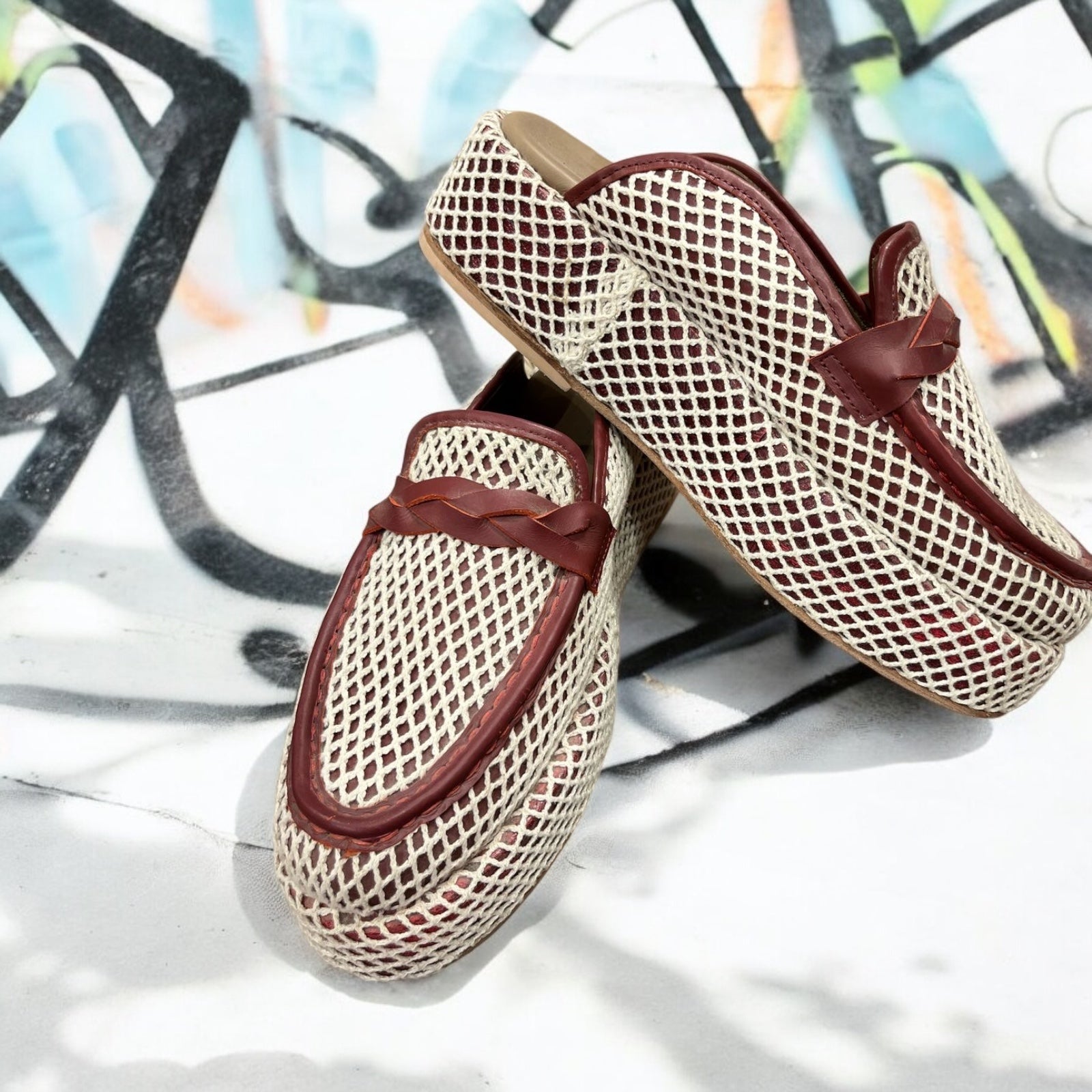 Leather and crochet hand crafted wedged sliders