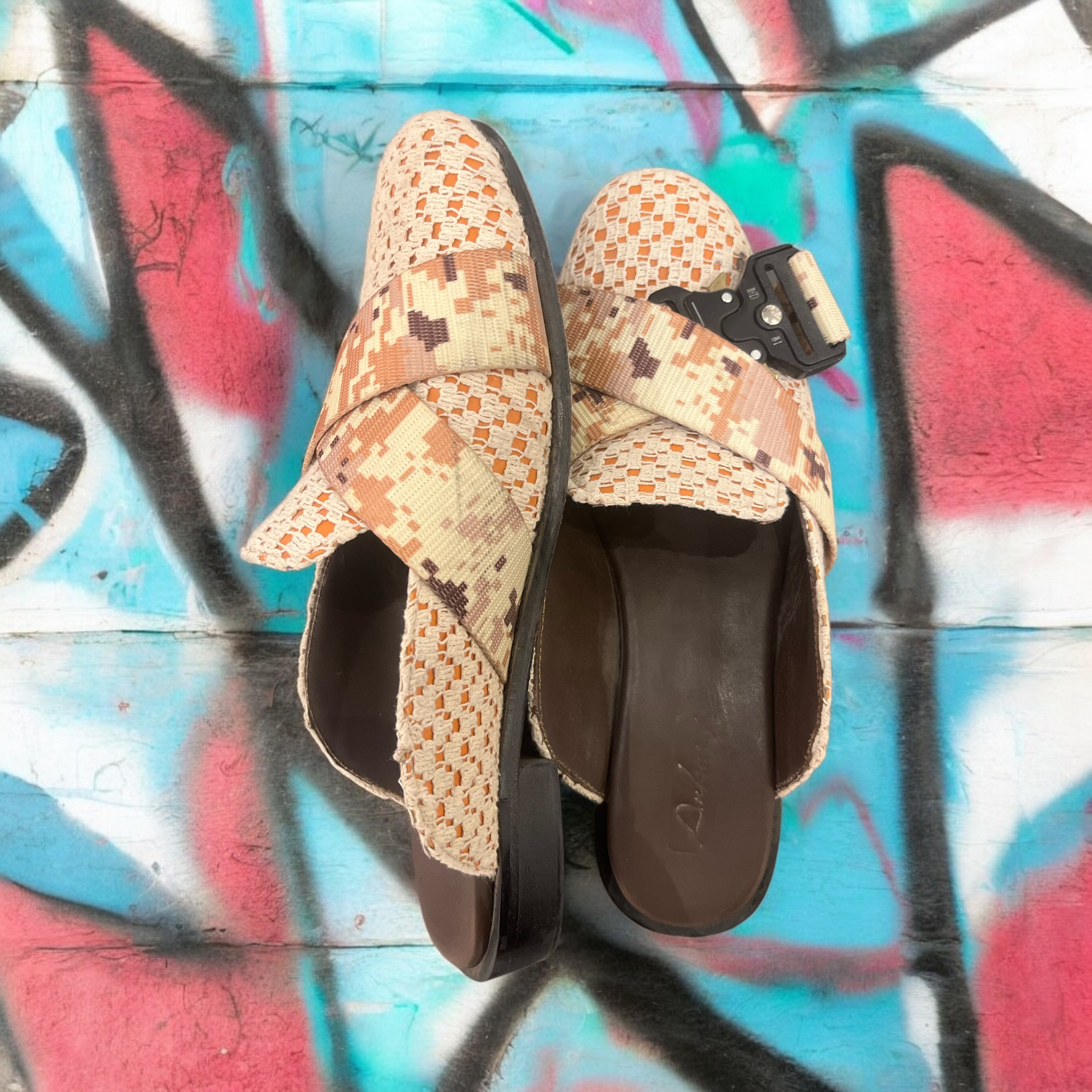 Beige crochet belted hand crafted sliders