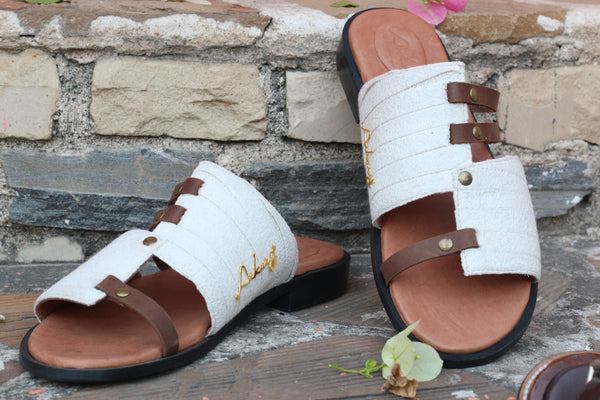 WHITE HAND CRAFTED LEATHER SLIDES FOR MEN