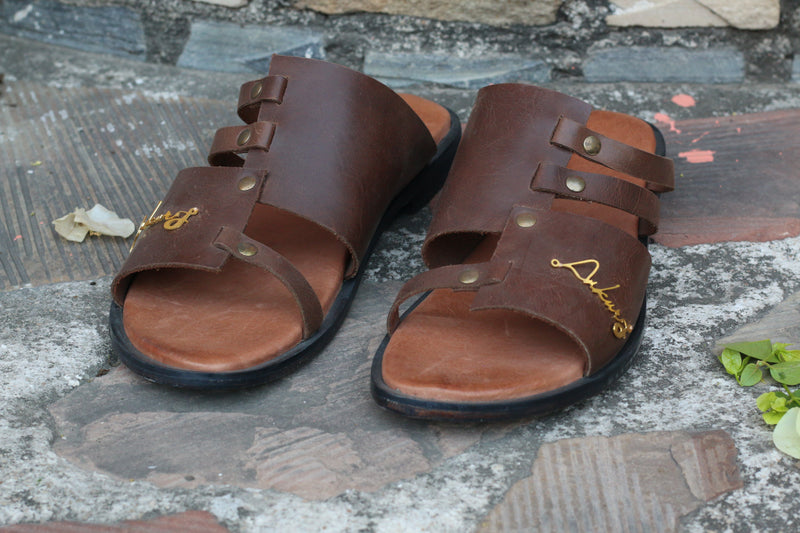 BROWN HAND CRAFTED LEATHER SLIDES FOR MEN