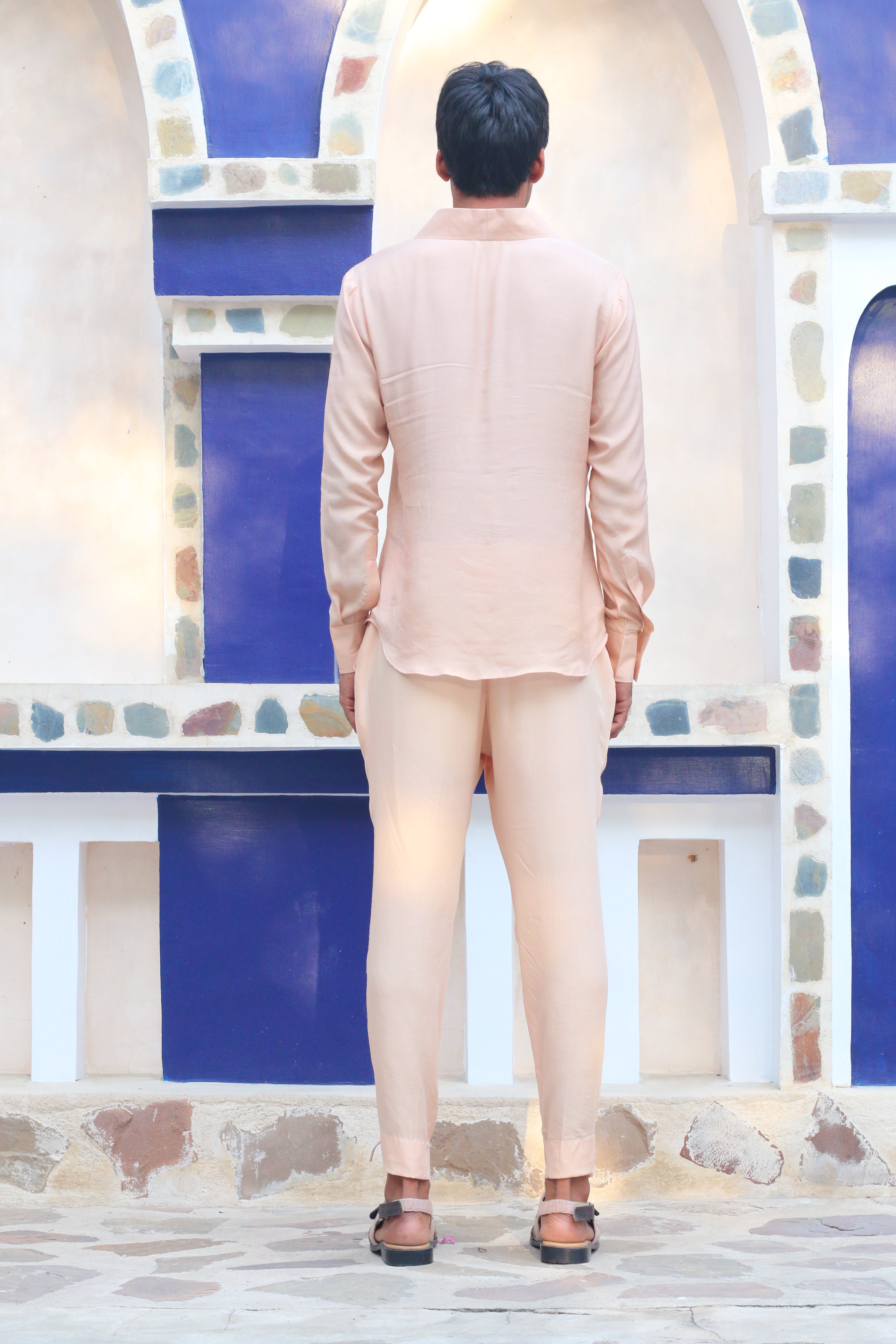 SALMON PINK OVERLAY SHRUG WITH PANNEL SHIRT AND PANTS