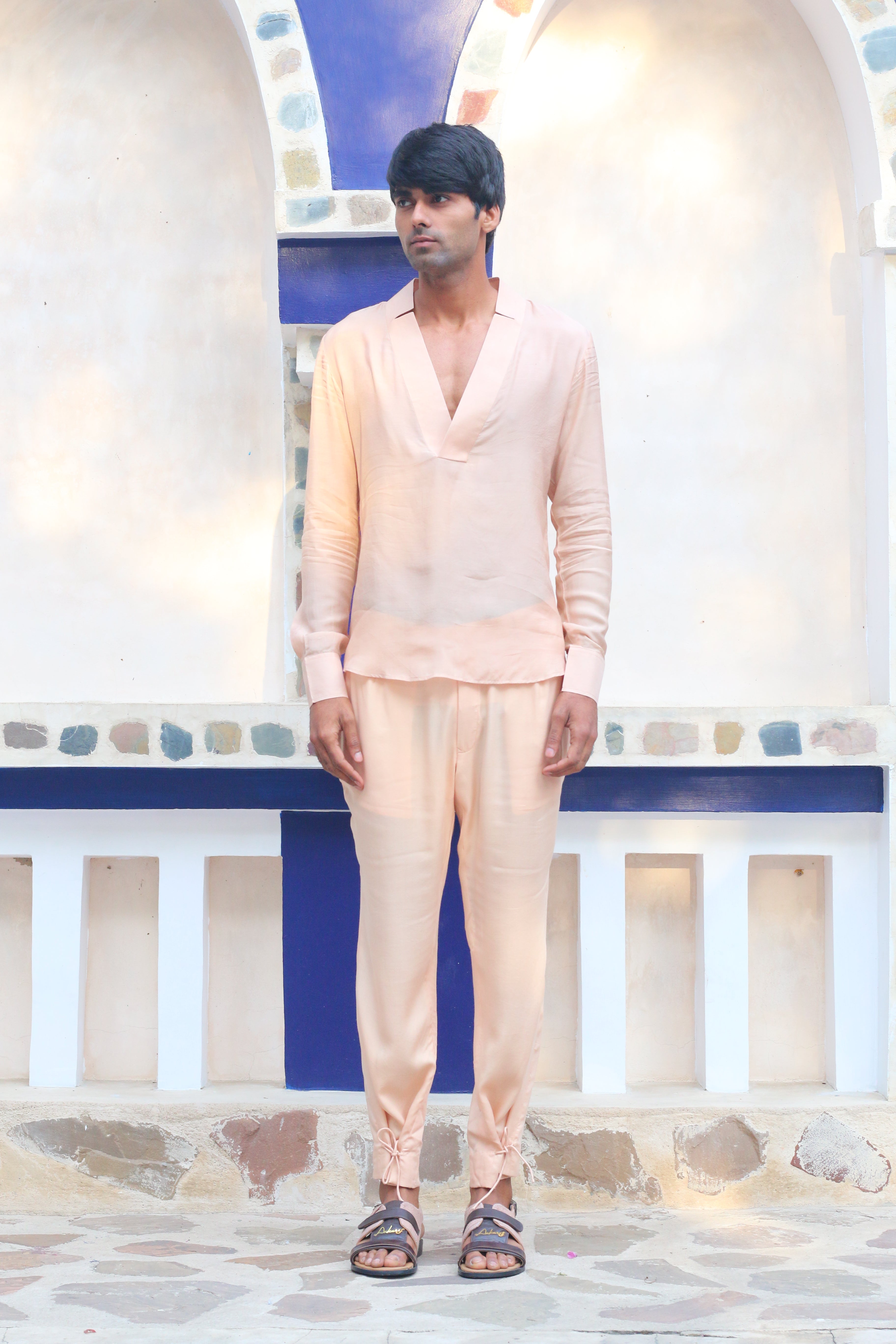 SALMON PINK DEEP NECK SHIRT AND PANTS