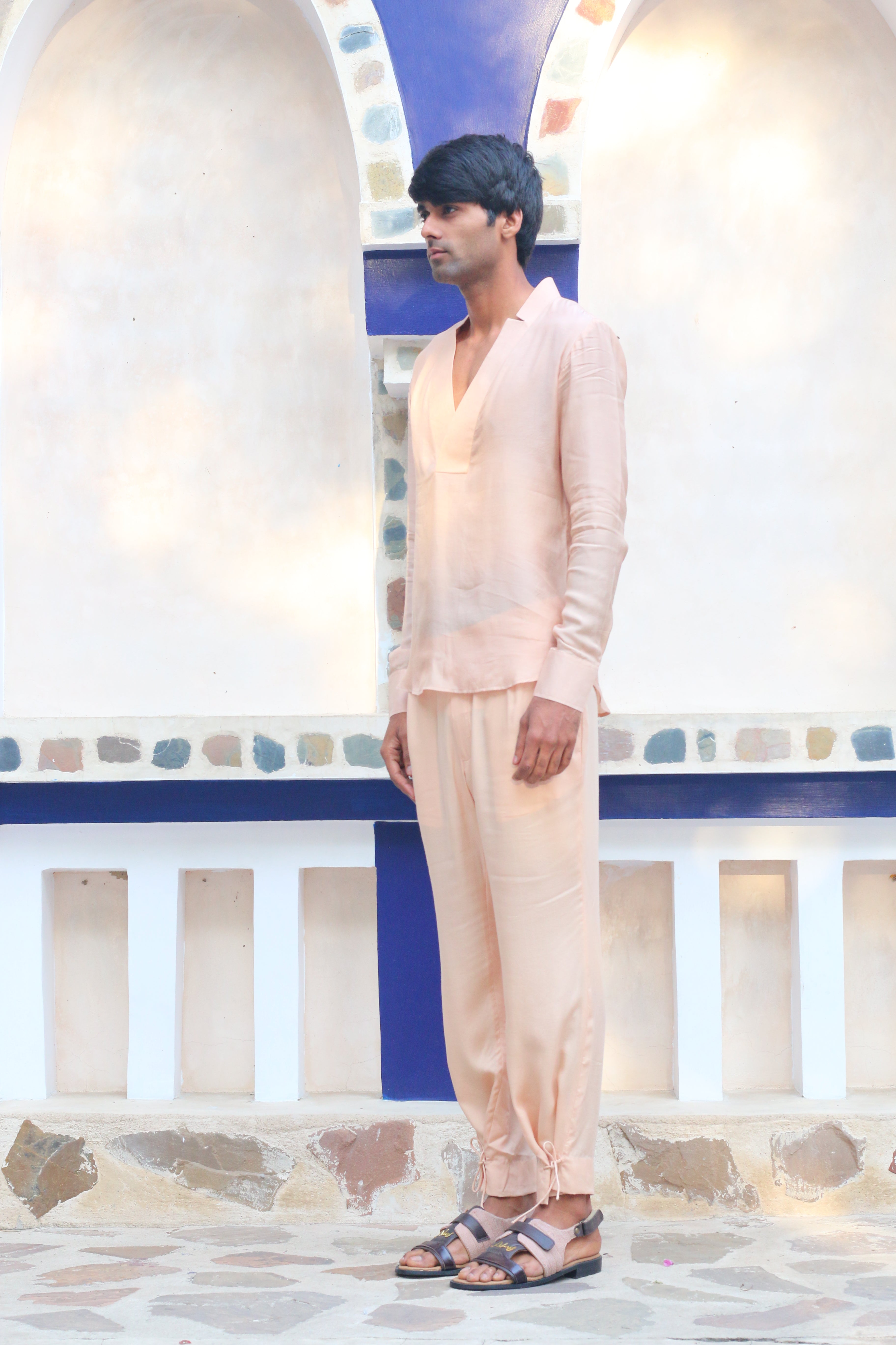 SALMON PINK DEEP NECK SHIRT AND PANTS