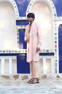 SALMON PINK OVERLAY SHRUG WITH PANNEL SHIRT AND PANTS