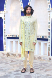 LEMON YELLOW MIRROR KURTA WITH MIRRORED STAWL AND PANTS