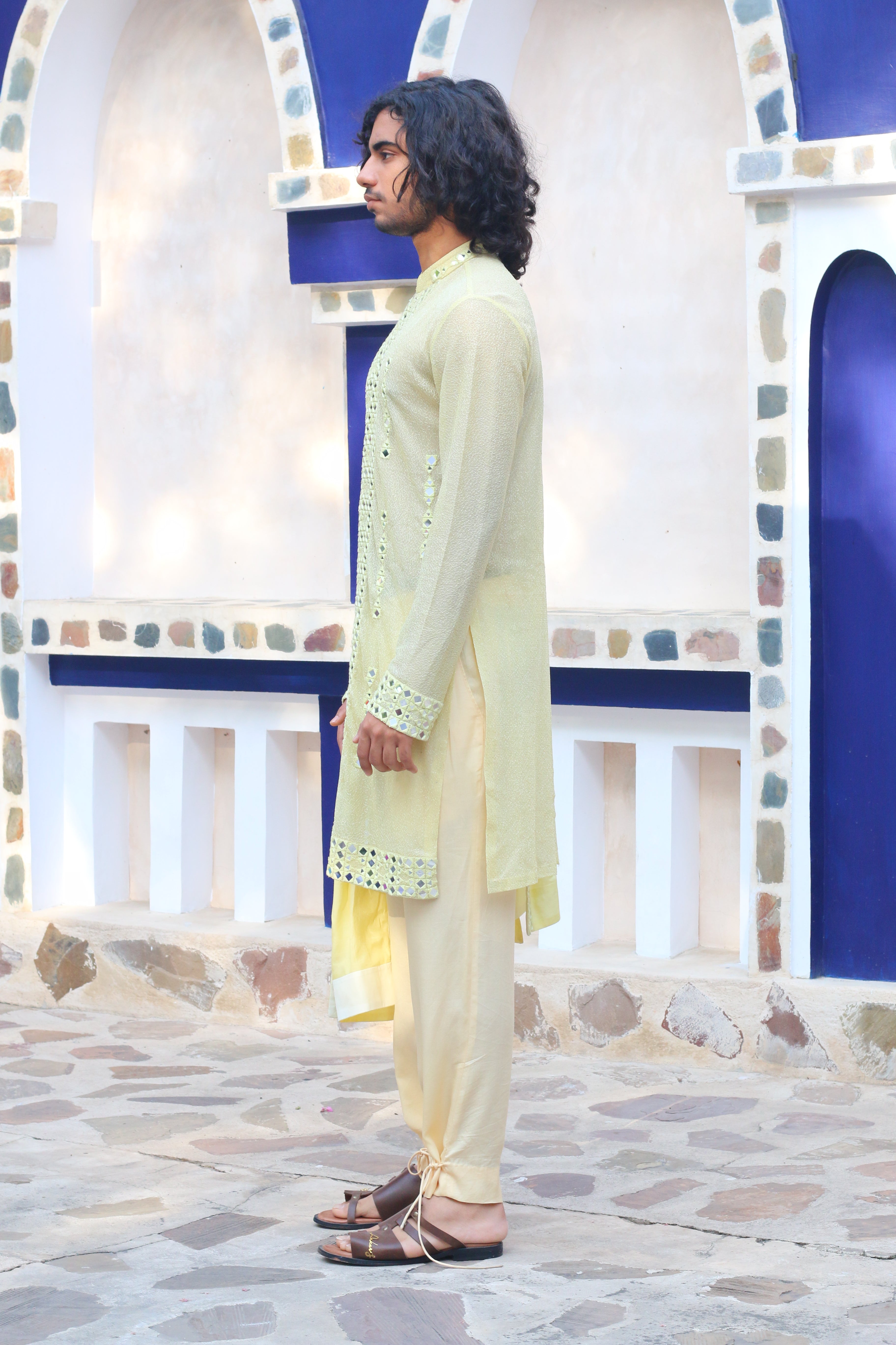 LEMON YELLOW MIRROR KURTA WITH MIRRORED STAWL AND PANTS