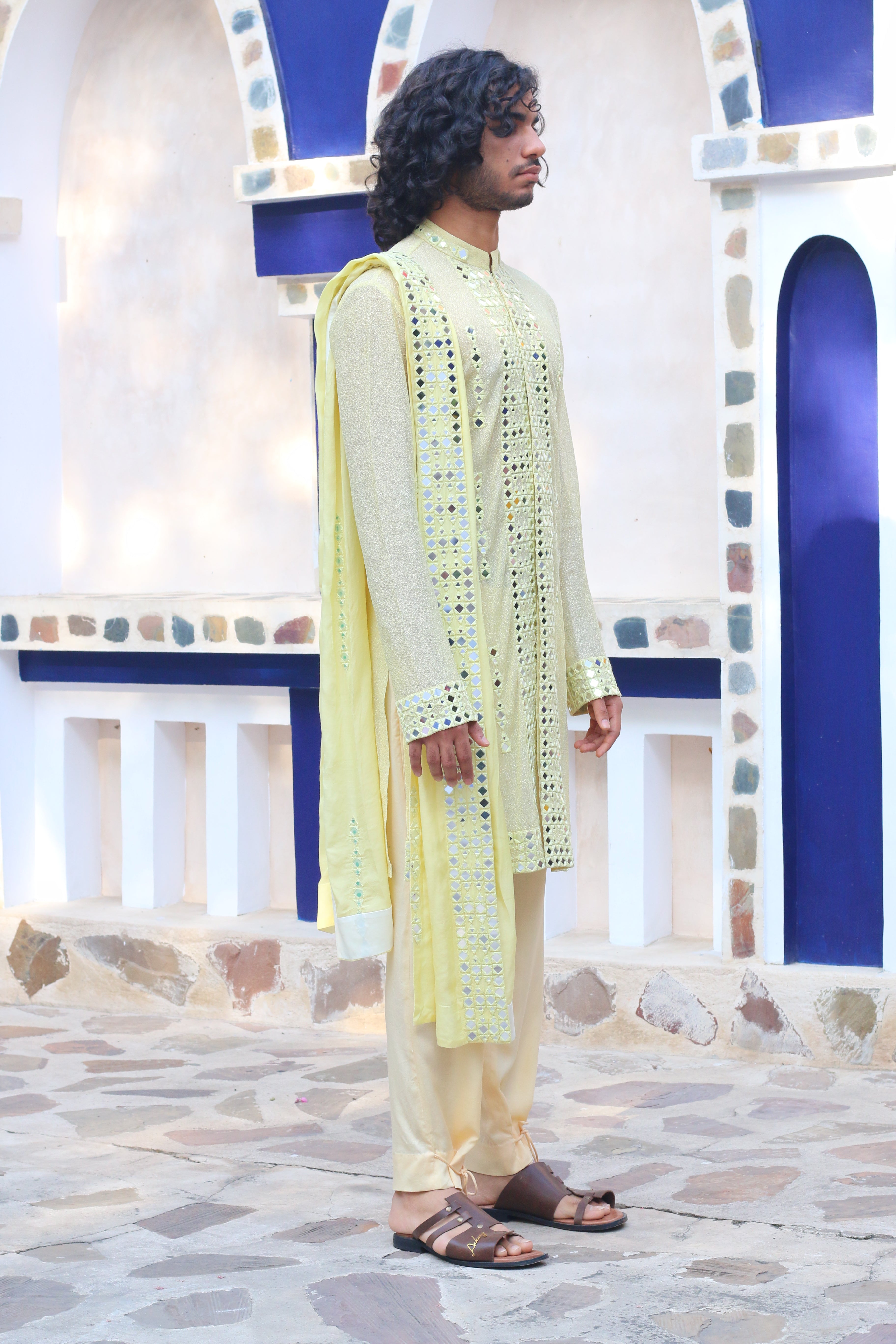 LEMON YELLOW MIRROR KURTA WITH MIRRORED STAWL AND PANTS