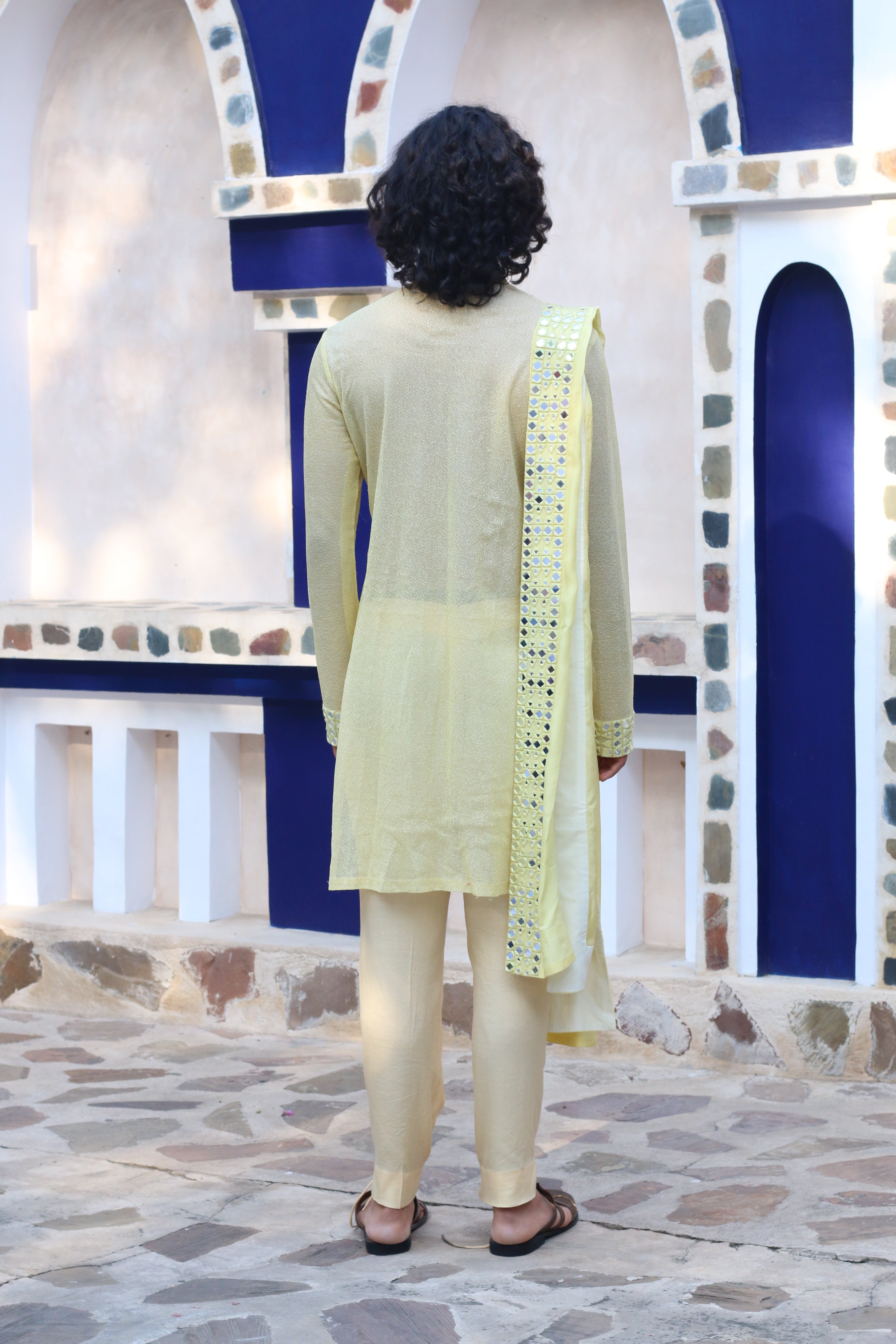 LEMON YELLOW MIRROR KURTA WITH MIRRORED STAWL AND PANTS