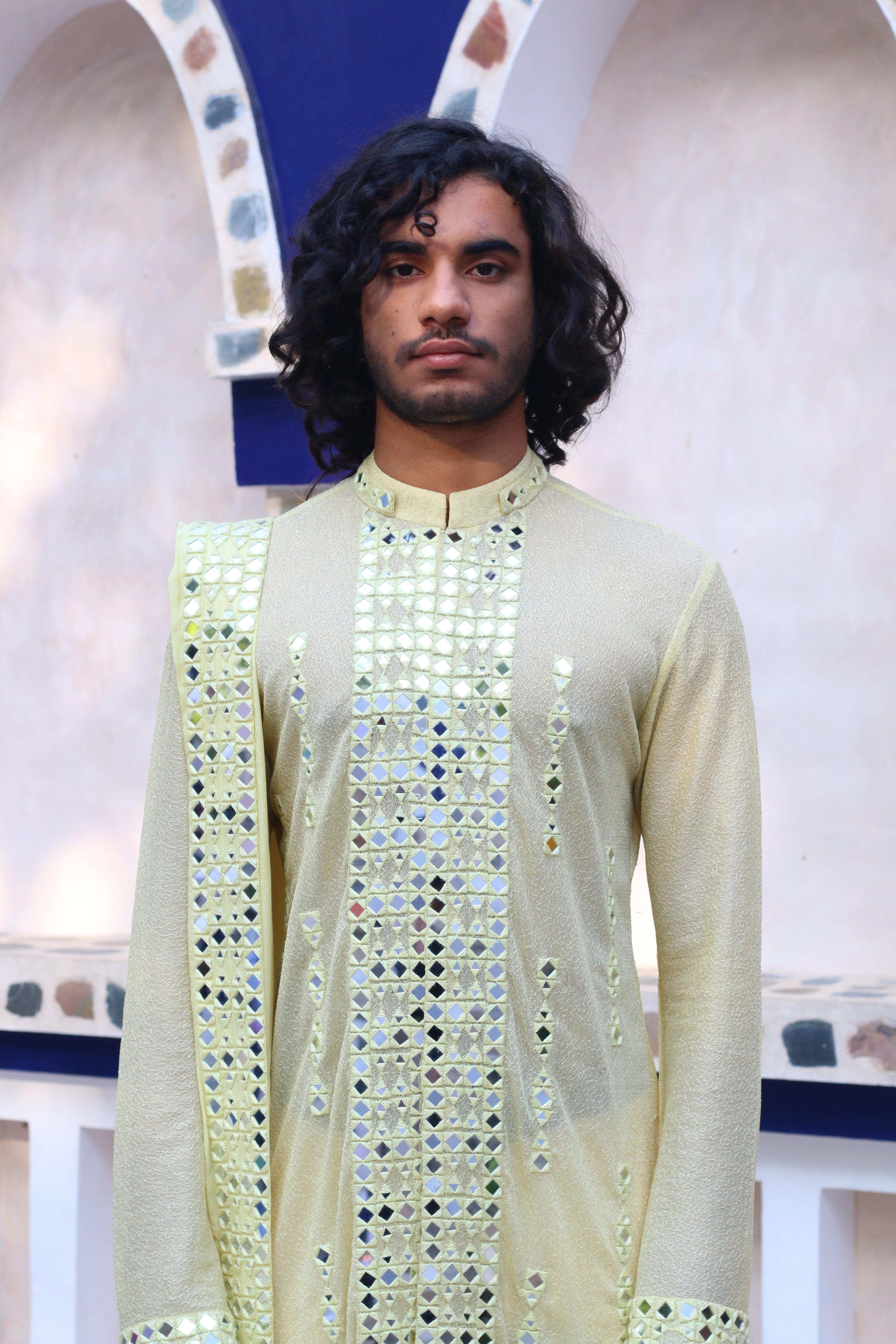 LEMON YELLOW MIRROR KURTA WITH MIRRORED STAWL AND PANTS