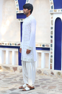 VISTA WHITE MIRROR KURTA WITH SALWAR AND MIRRORED STAWL