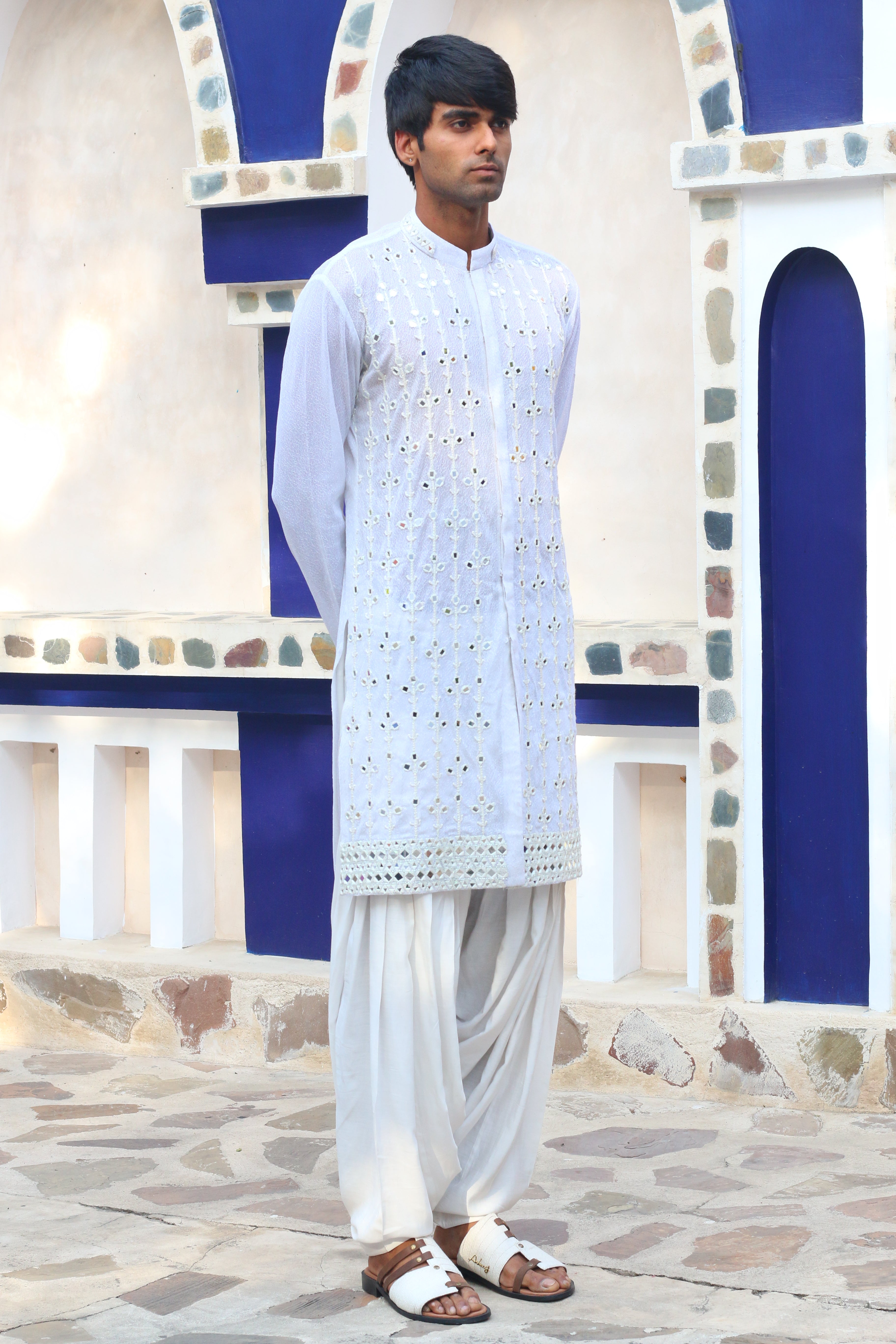 VISTA WHITE MIRROR KURTA WITH SALWAR AND MIRRORED STAWL