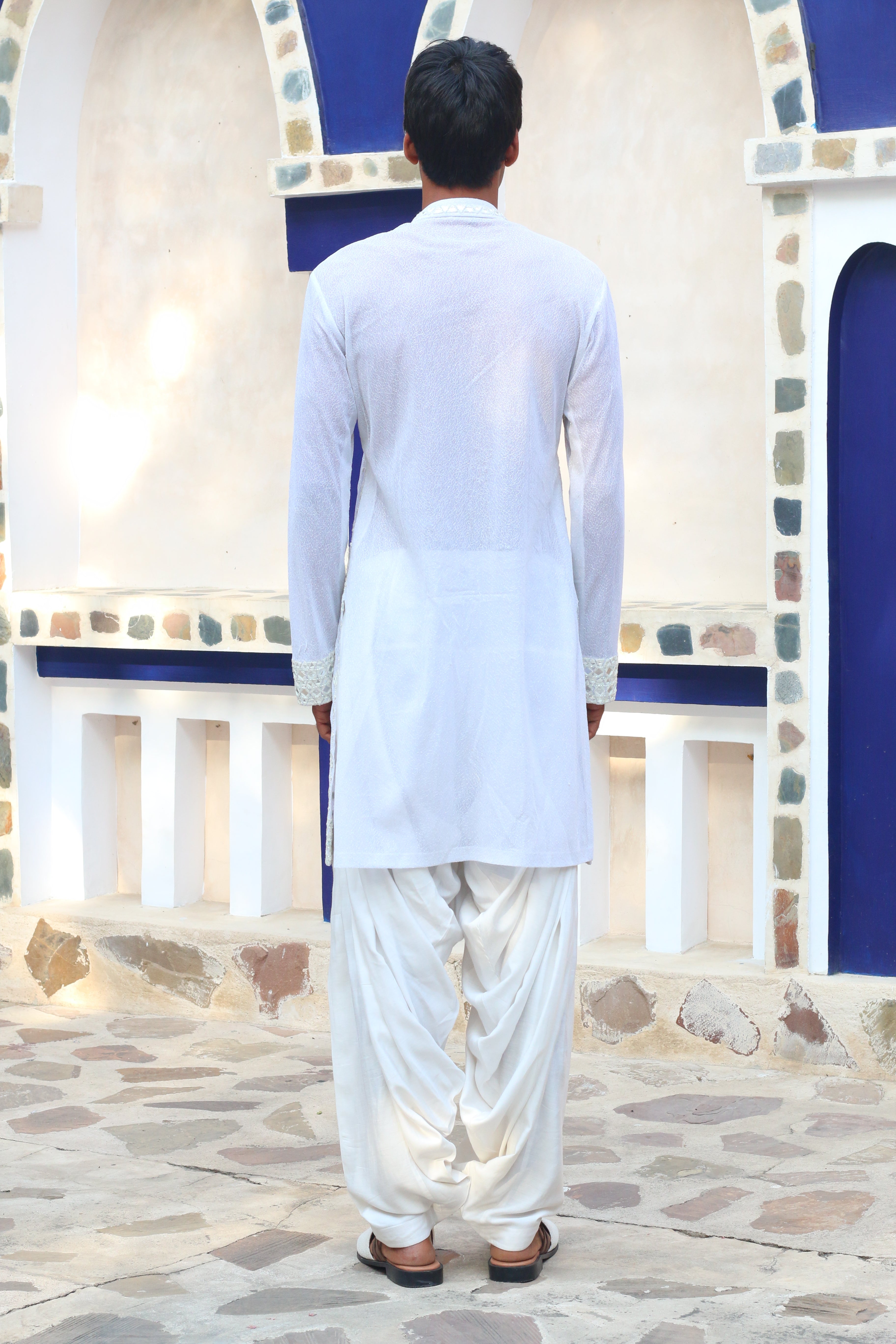 VISTA WHITE MIRROR KURTA WITH SALWAR AND MIRRORED STAWL