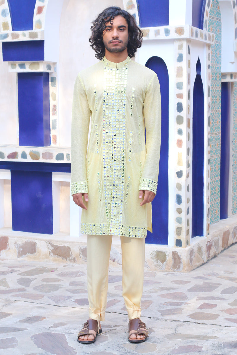 LEMON YELLOW MIRROR KURTA WITH MIRRORED STAWL AND PANTS