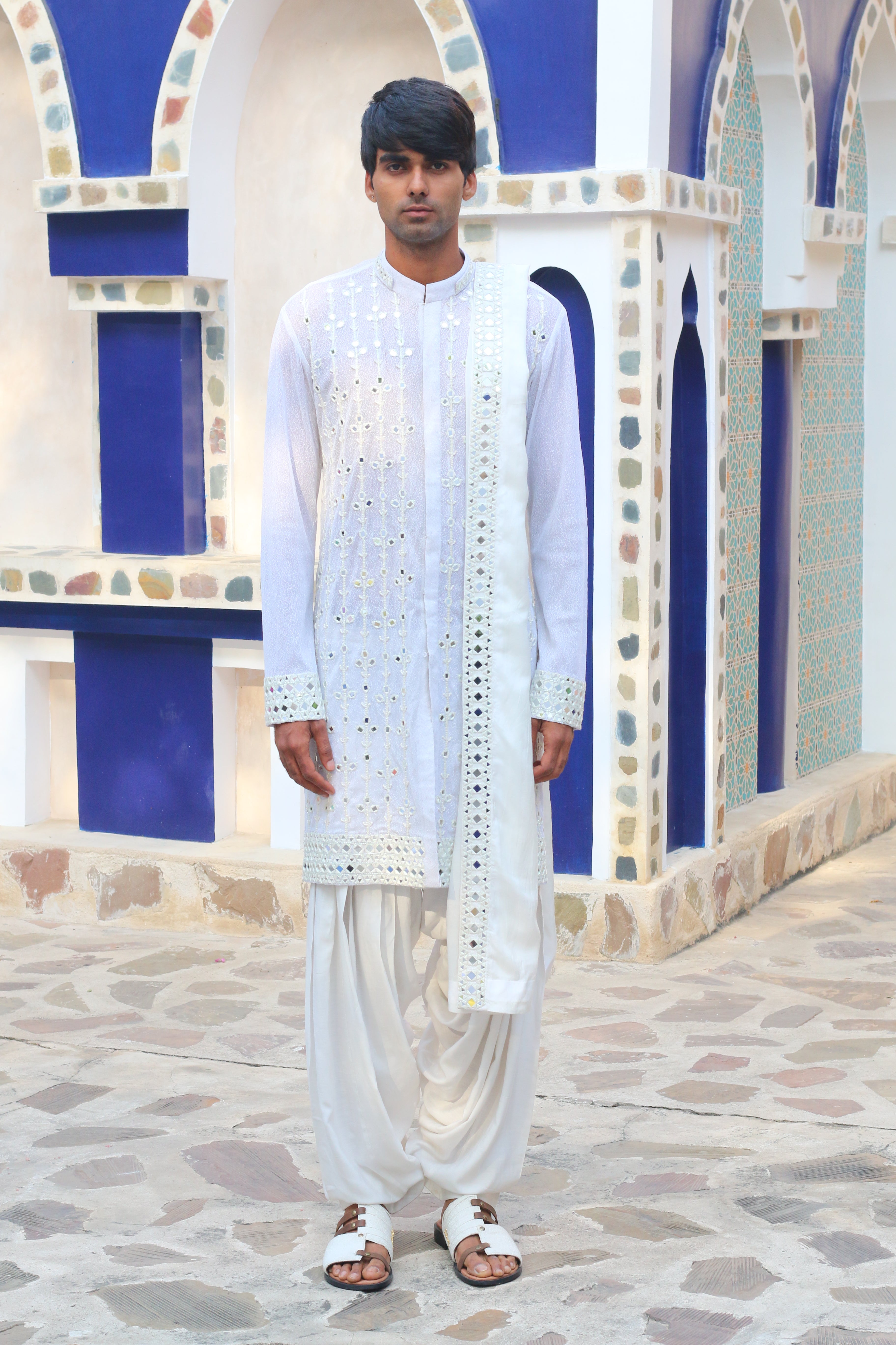 VISTA WHITE MIRROR KURTA WITH SALWAR AND MIRRORED STAWL