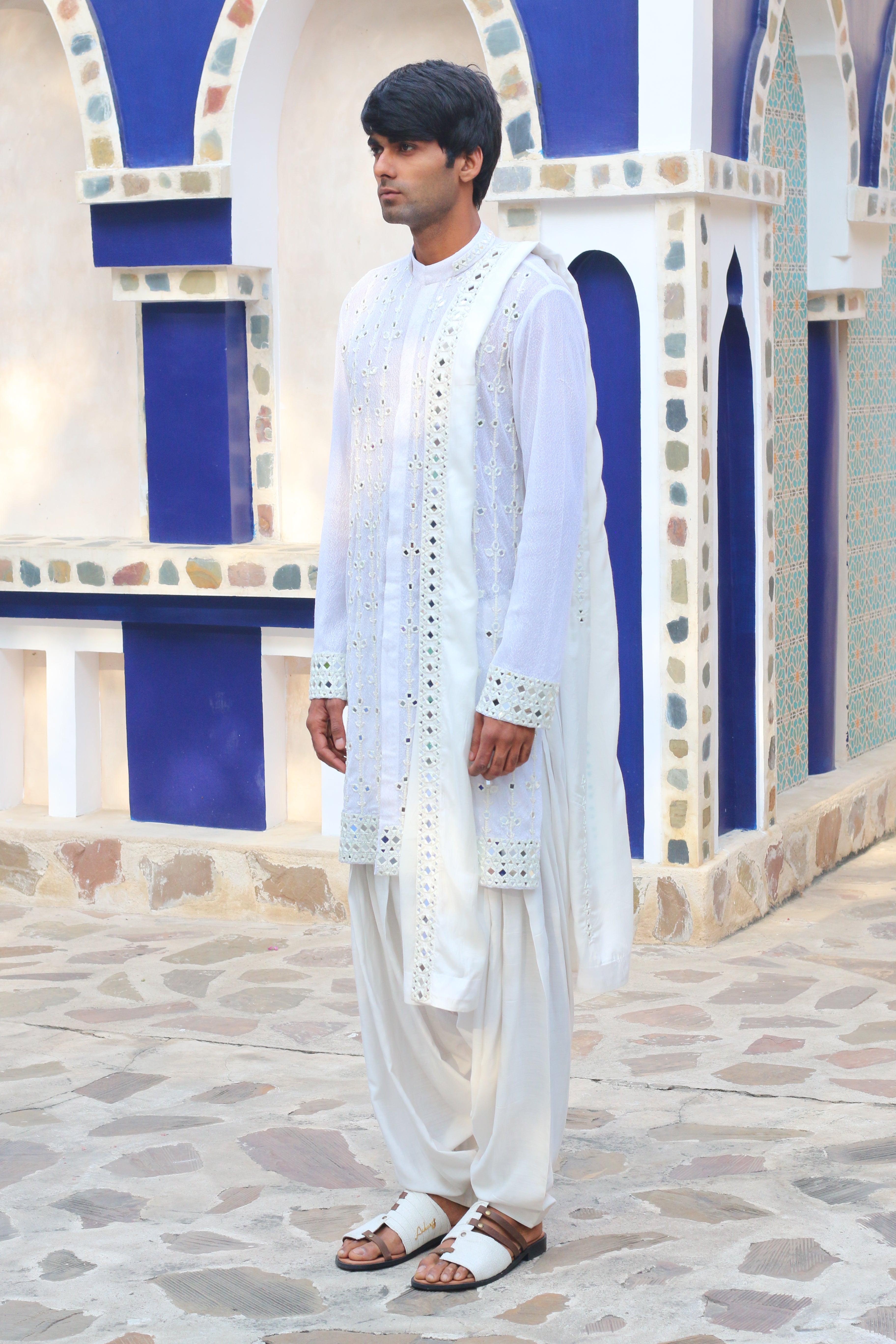 VISTA WHITE MIRROR KURTA WITH SALWAR AND MIRRORED STAWL