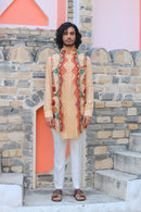 PEACH FUZZ PRINT KURTA  WITH PANT PAJAMA AND  WAISTCOAT