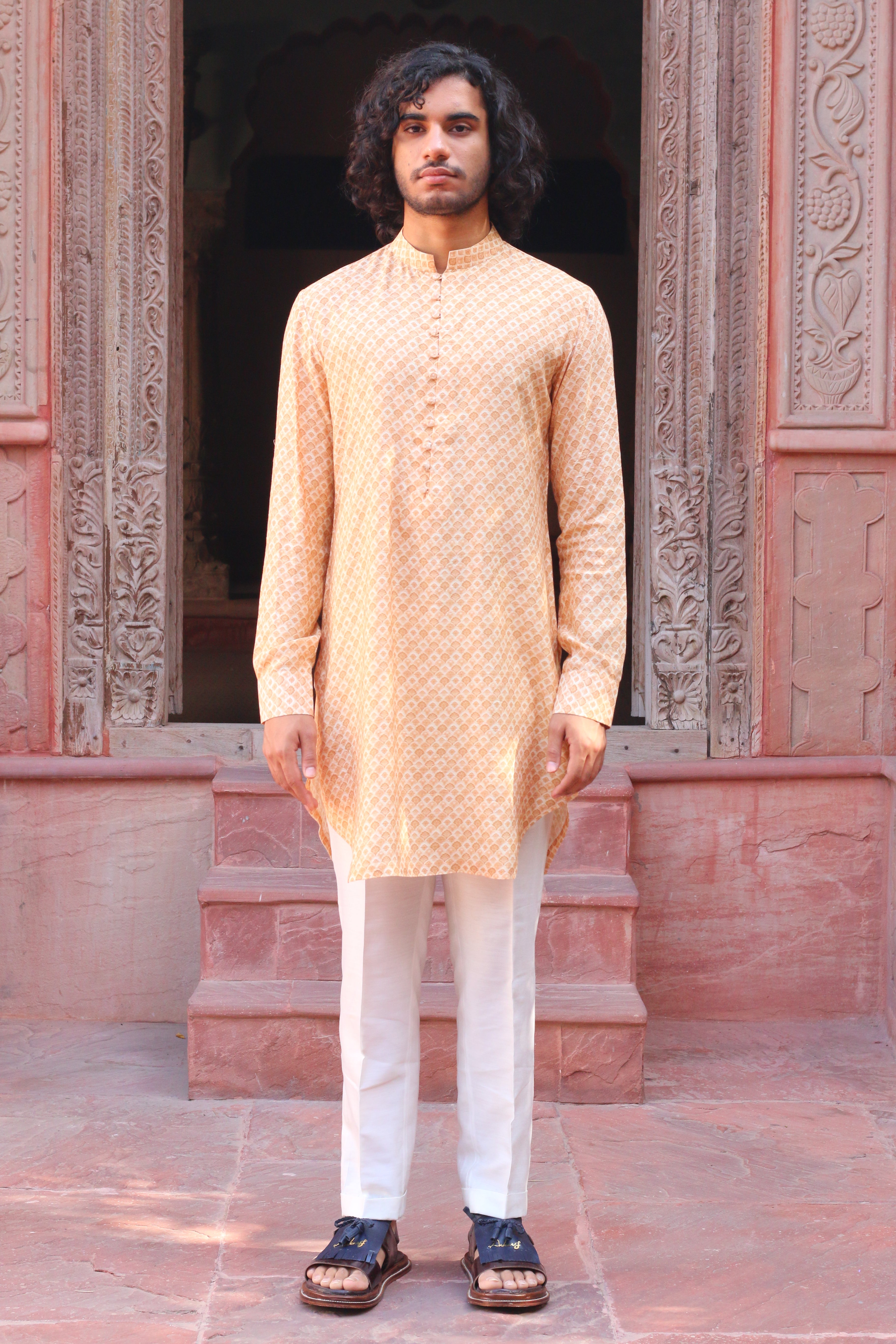 PEACH FUZZ PRINT KURTA  WITH PANT PAJAMA AND  WAISTCOAT