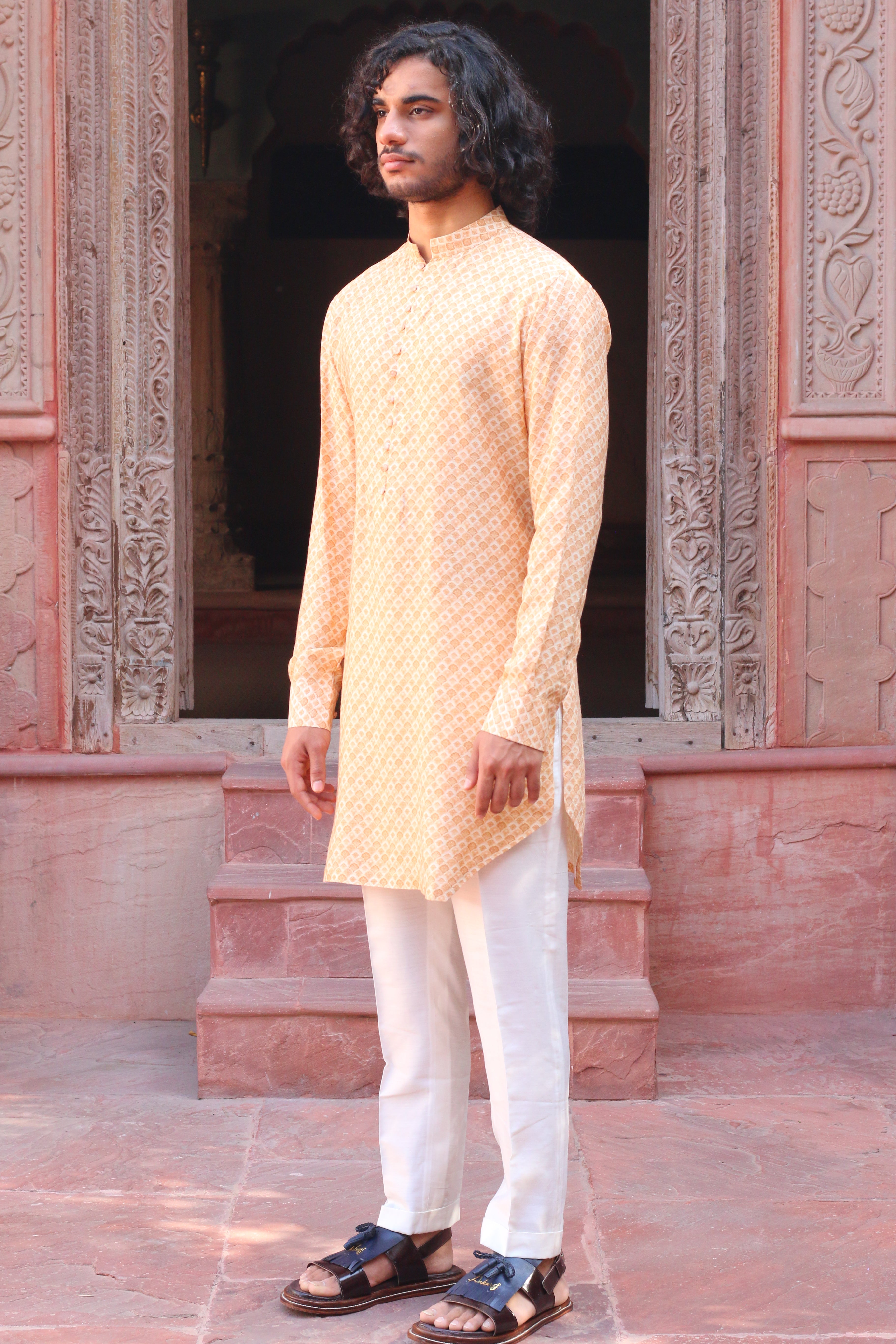 PALE PEACH PRINT KURTA ,WITH PANT PAJAMA AND WAISTCOAT