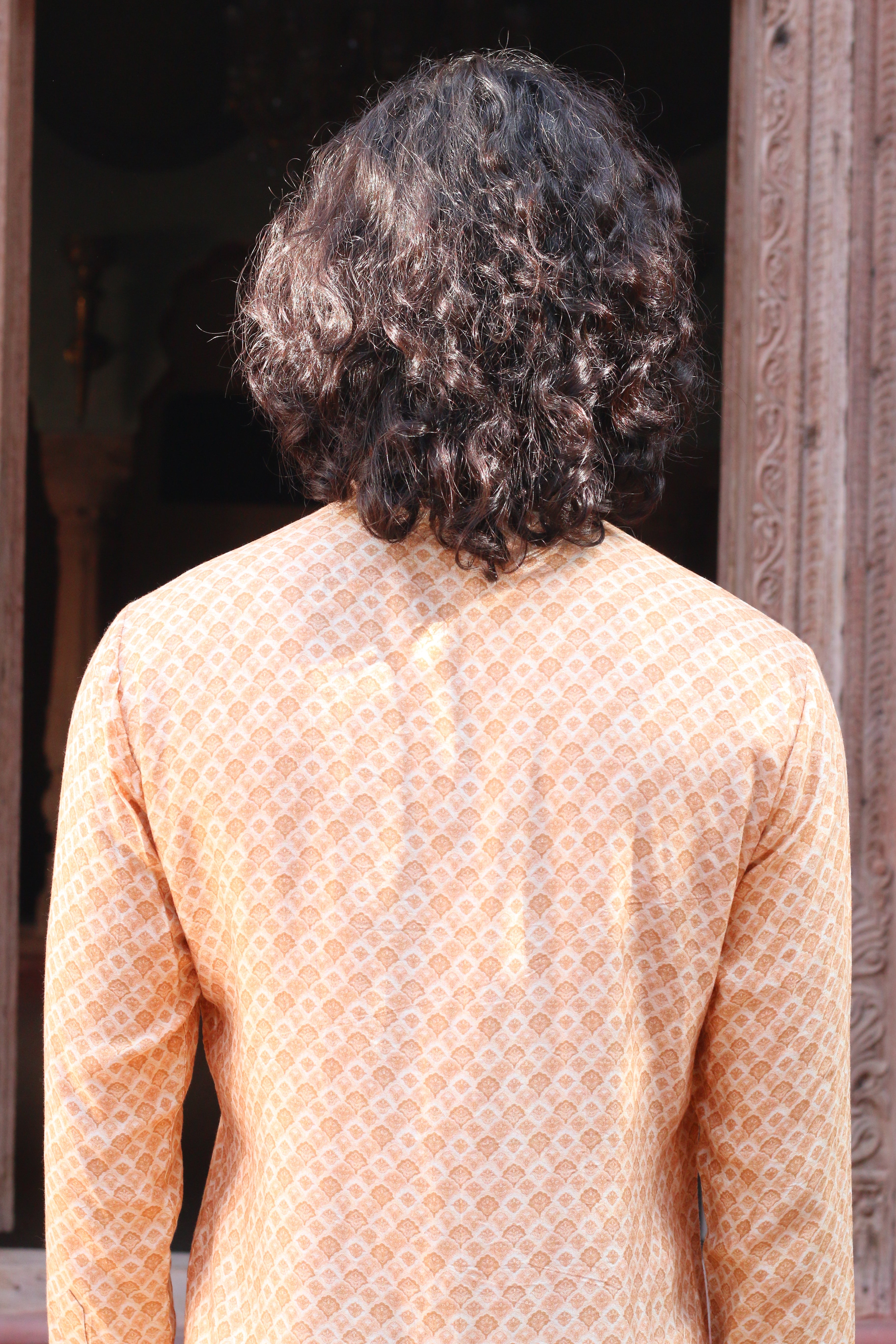 PEACH FUZZ PRINT KURTA  WITH PANT PAJAMA AND  WAISTCOAT