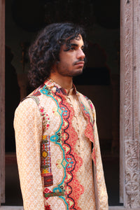 PEACH FUZZ PRINT KURTA  WITH PANT PAJAMA AND  WAISTCOAT