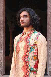 PEACH FUZZ PRINT KURTA  WITH PANT PAJAMA AND  WAISTCOAT