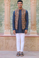 COBALT BLUE PRINT KURTA WITH PANT PAJAMA AND WAISTCOAT