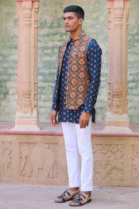 COBALT BLUE PRINT KURTA WITH PANT PAJAMA AND WAISTCOAT