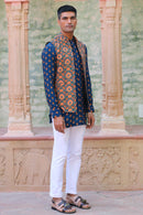 COBALT BLUE PRINT KURTA WITH PANT PAJAMA AND WAISTCOAT