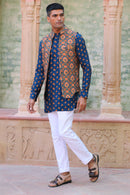 COBALT BLUE PRINT KURTA WITH PANT PAJAMA AND WAISTCOAT