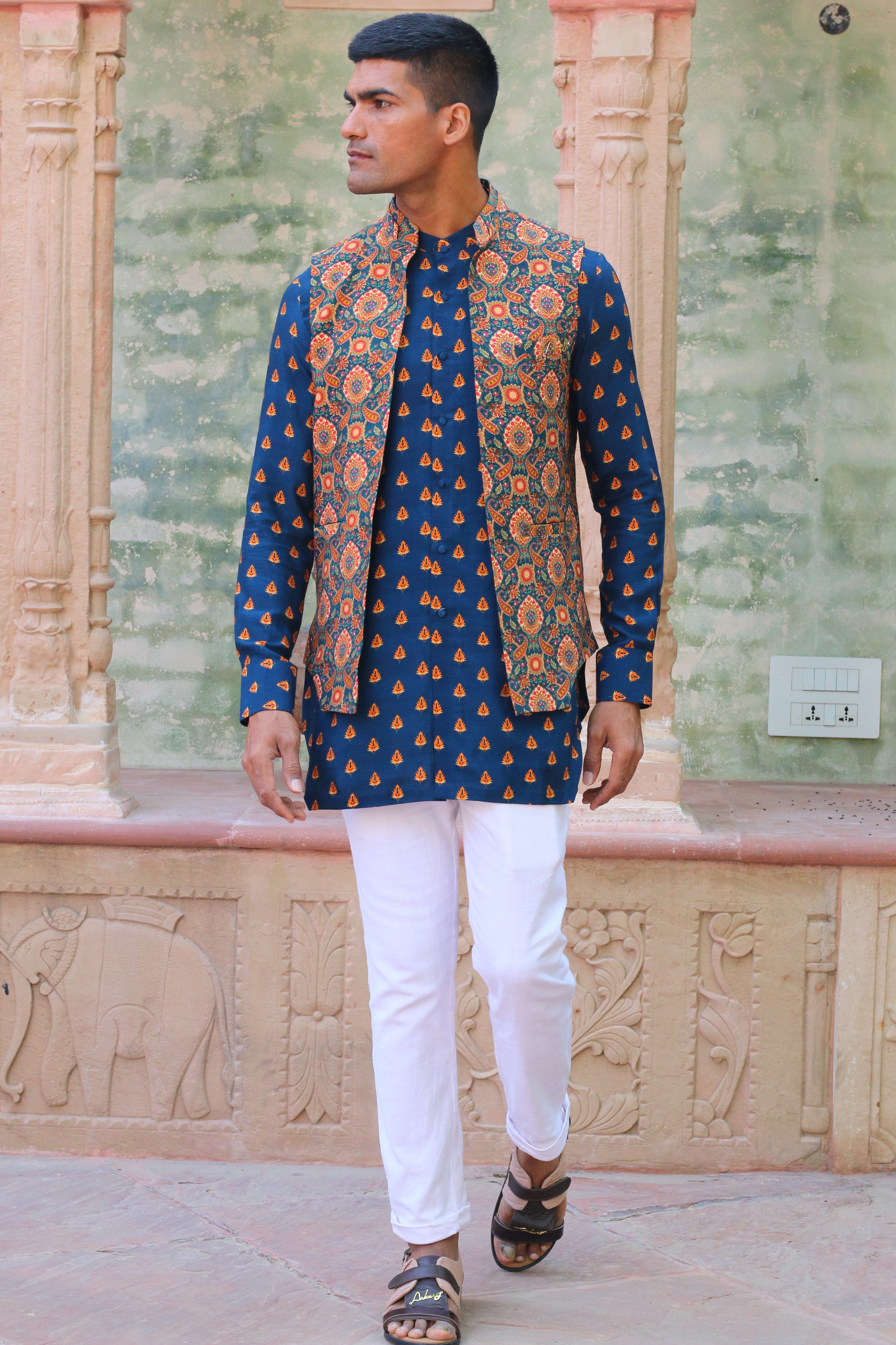 COBALT BLUE PRINT KURTA WITH PANT PAJAMA AND WAISTCOAT