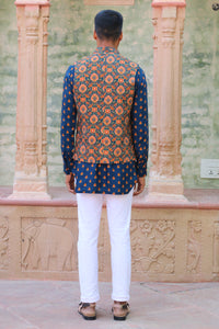 COBALT BLUE PRINT KURTA WITH PANT PAJAMA AND WAISTCOAT