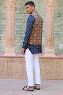 COBALT BLUE PRINT KURTA WITH PANT PAJAMA AND WAISTCOAT