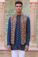 COBALT BLUE PRINT KURTA WITH PANT PAJAMA AND WAISTCOAT