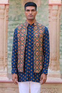 COBALT BLUE PRINT KURTA WITH PANT PAJAMA AND WAISTCOAT