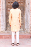 PALE PEACH PRINT KURTA ,WITH PANT PAJAMA AND WAISTCOAT