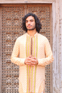 PALE PEACH PRINT KURTA ,WITH PANT PAJAMA AND WAISTCOAT