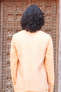 PALE PEACH PRINT KURTA ,WITH PANT PAJAMA AND WAISTCOAT