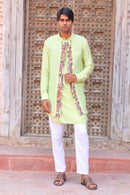 PARADISE GREEN PRINT KURTA WITH PANT PAJAMA AND WAISTCOAT