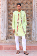 PARADISE GREEN PRINT KURTA WITH PANT PAJAMA AND WAISTCOAT