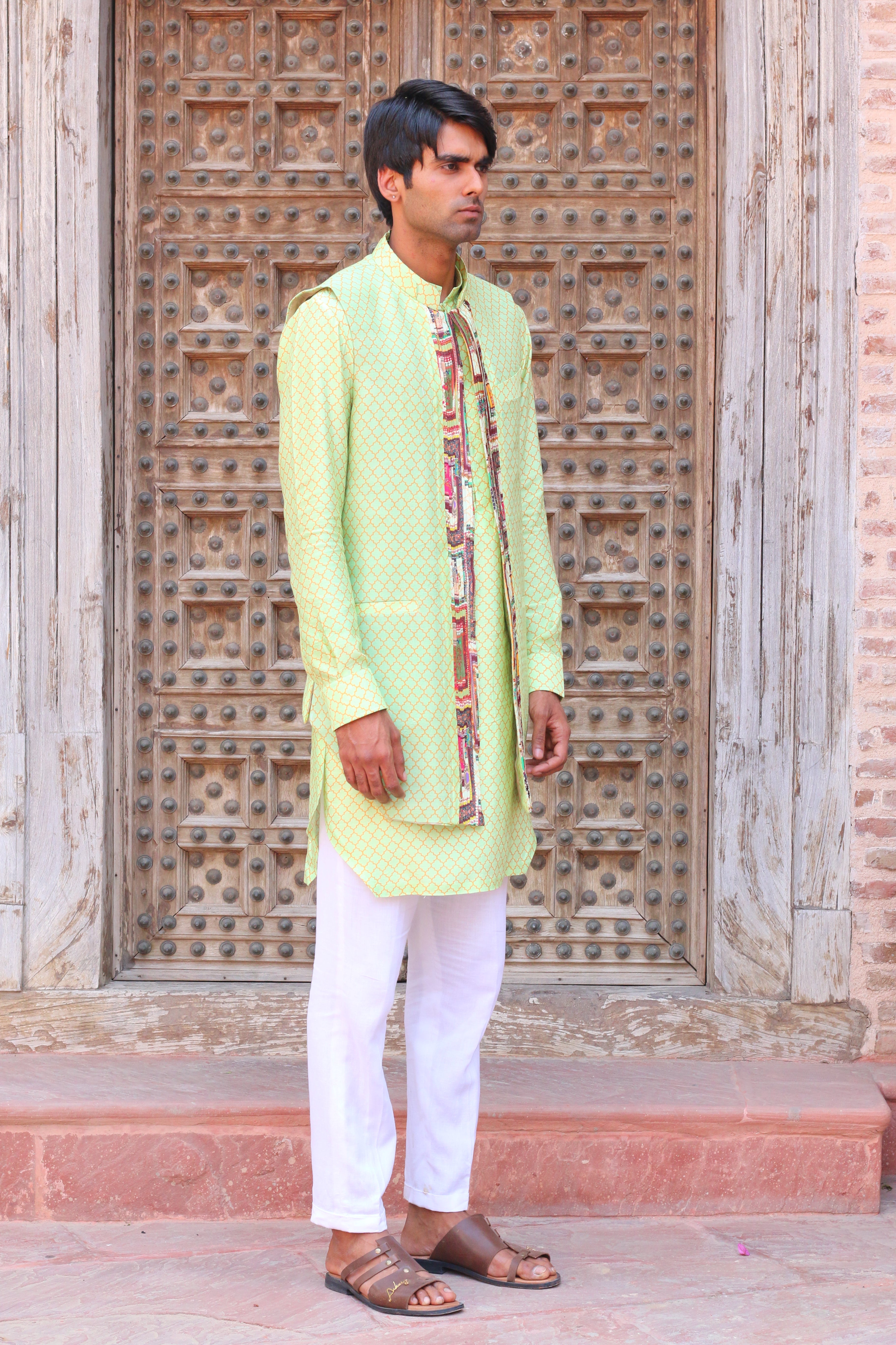 PARADISE GREEN PRINT KURTA WITH PANT PAJAMA AND WAISTCOAT