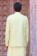 PARADISE GREEN PRINT KURTA WITH PANT PAJAMA AND WAISTCOAT