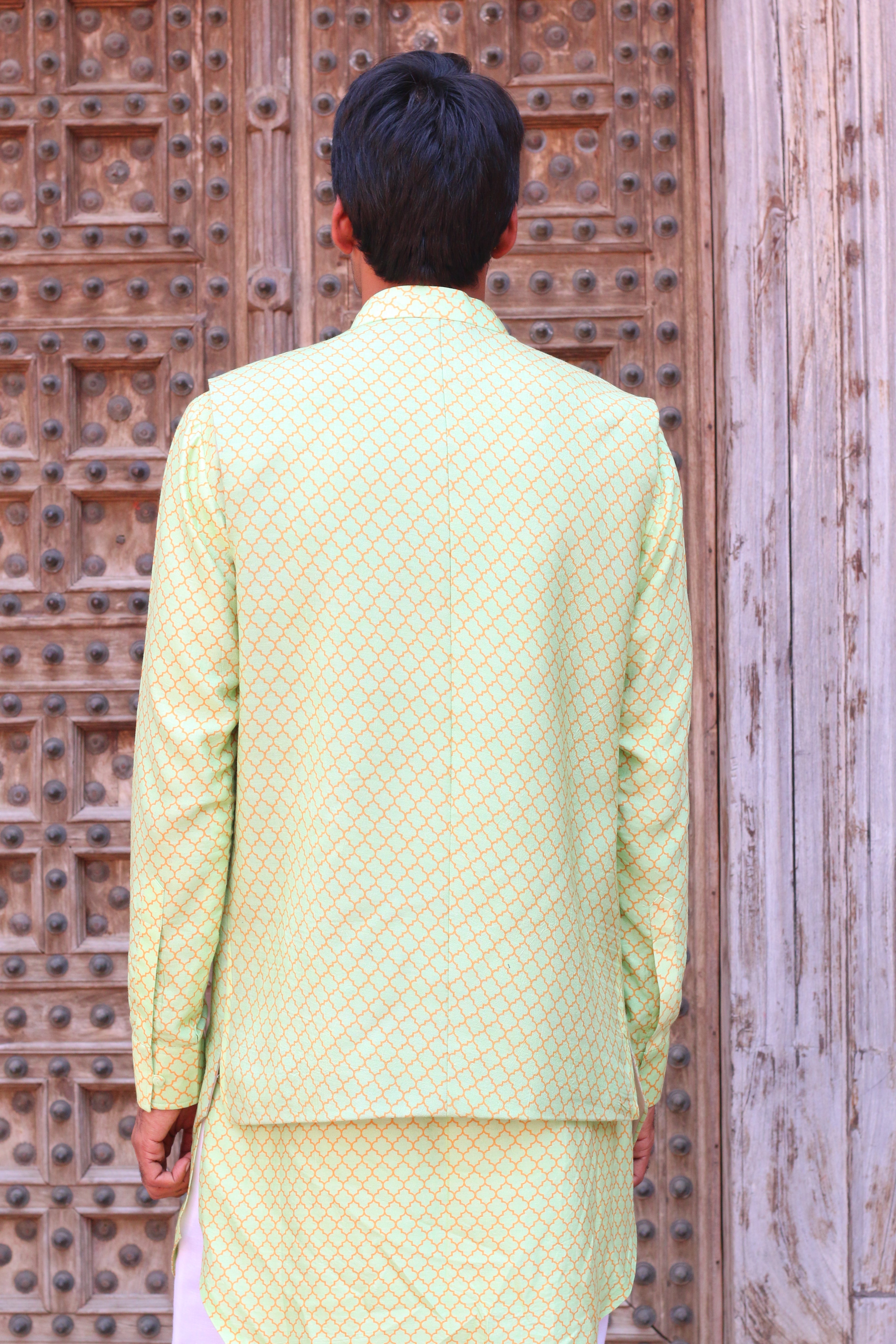 PARADISE GREEN PRINT KURTA WITH PANT PAJAMA AND WAISTCOAT