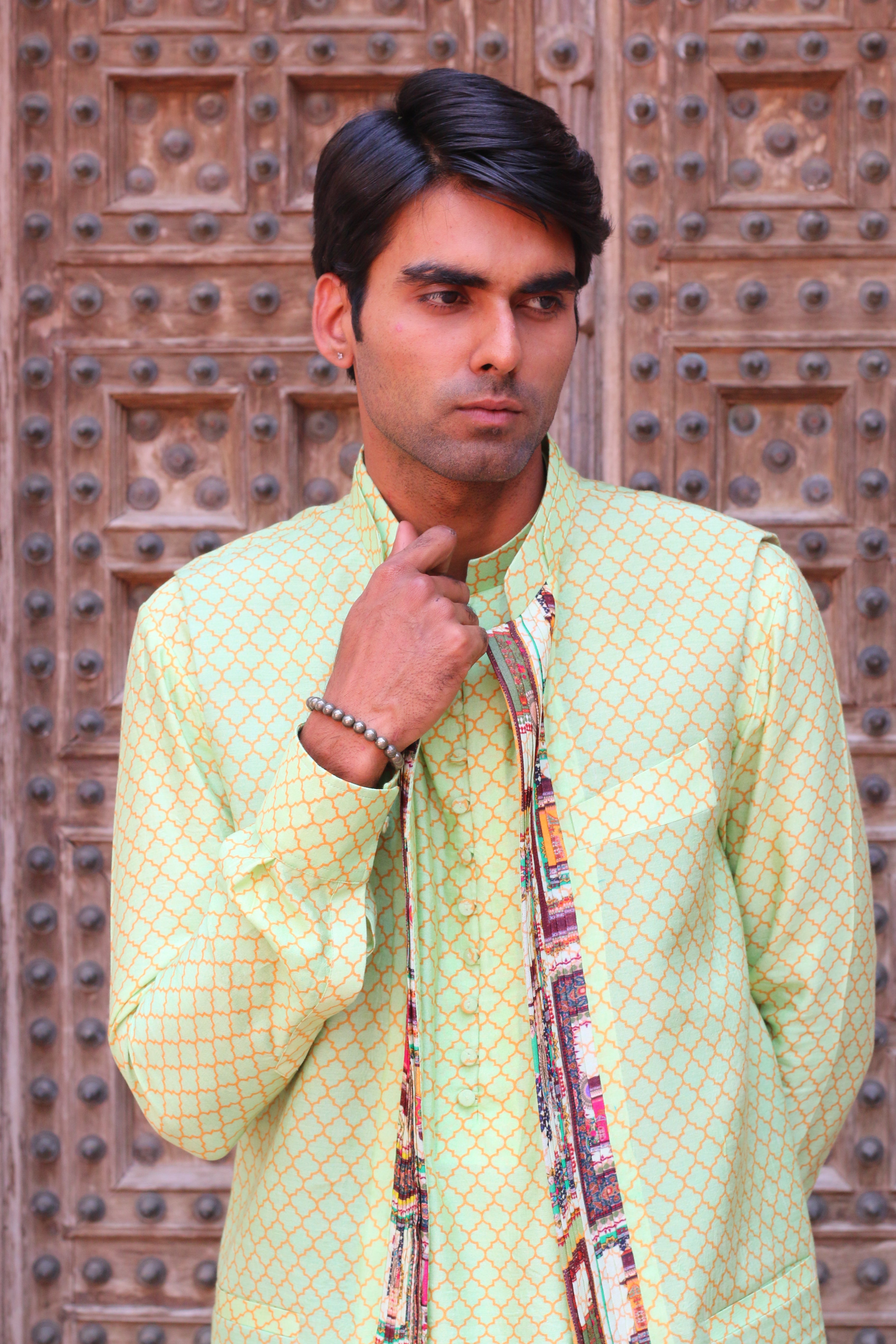 PARADISE GREEN PRINT KURTA WITH PANT PAJAMA AND WAISTCOAT