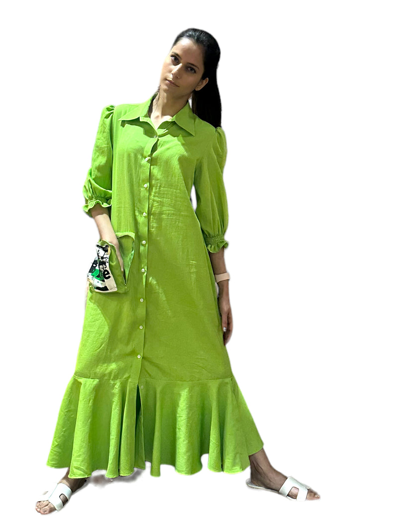 PEAR GREEN LONG PLEATED SHIRT DRESS