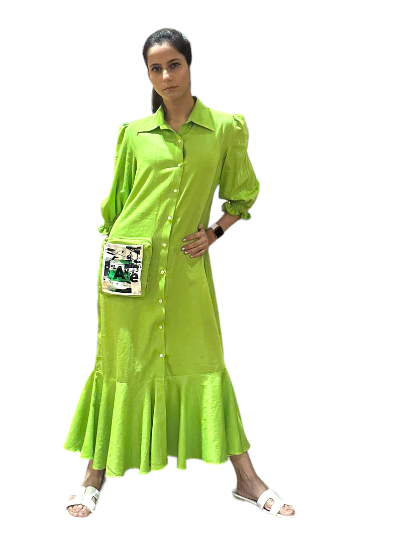PEAR GREEN LONG PLEATED SHIRT DRESS