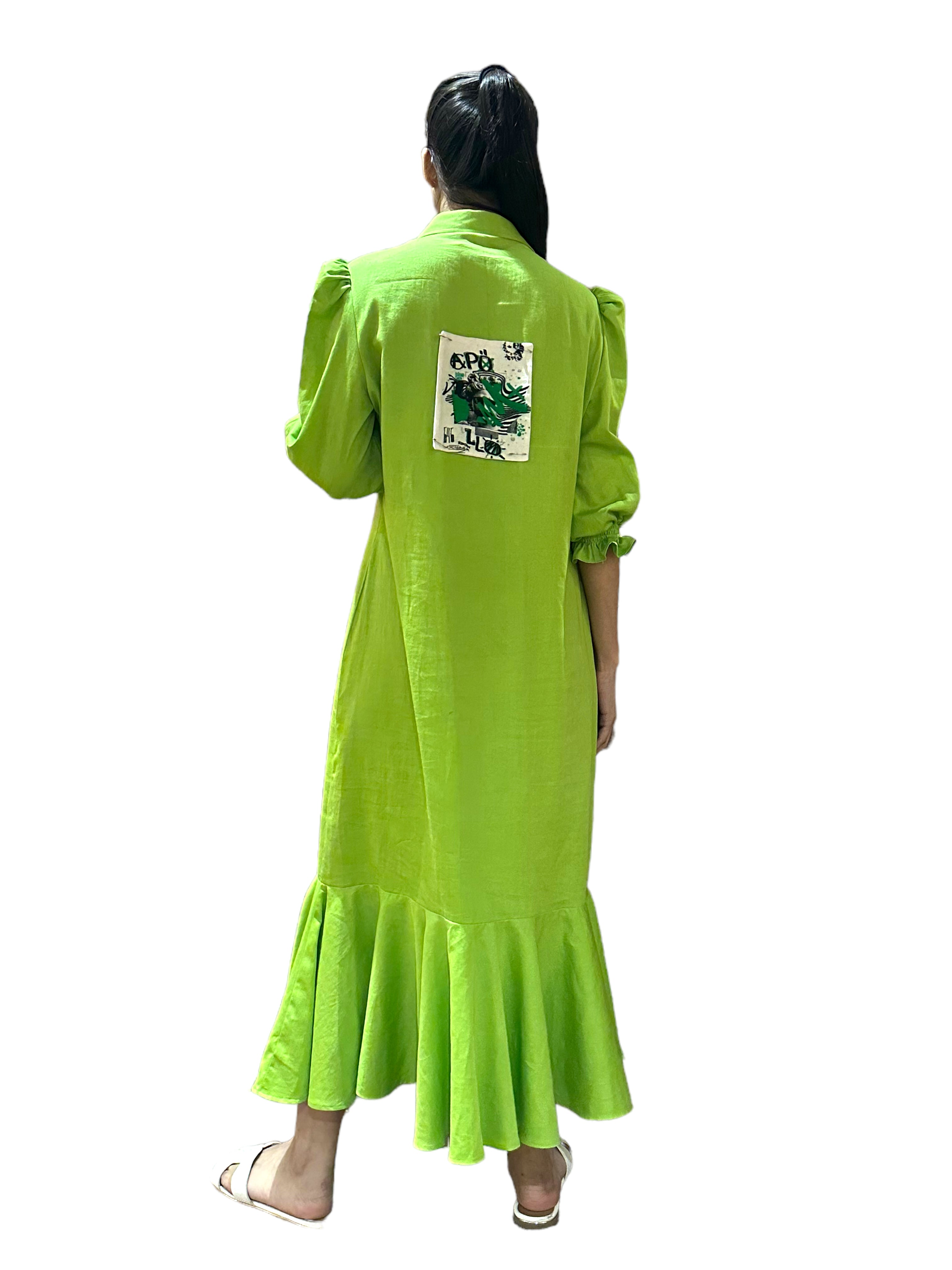 PEAR GREEN LONG PLEATED SHIRT DRESS