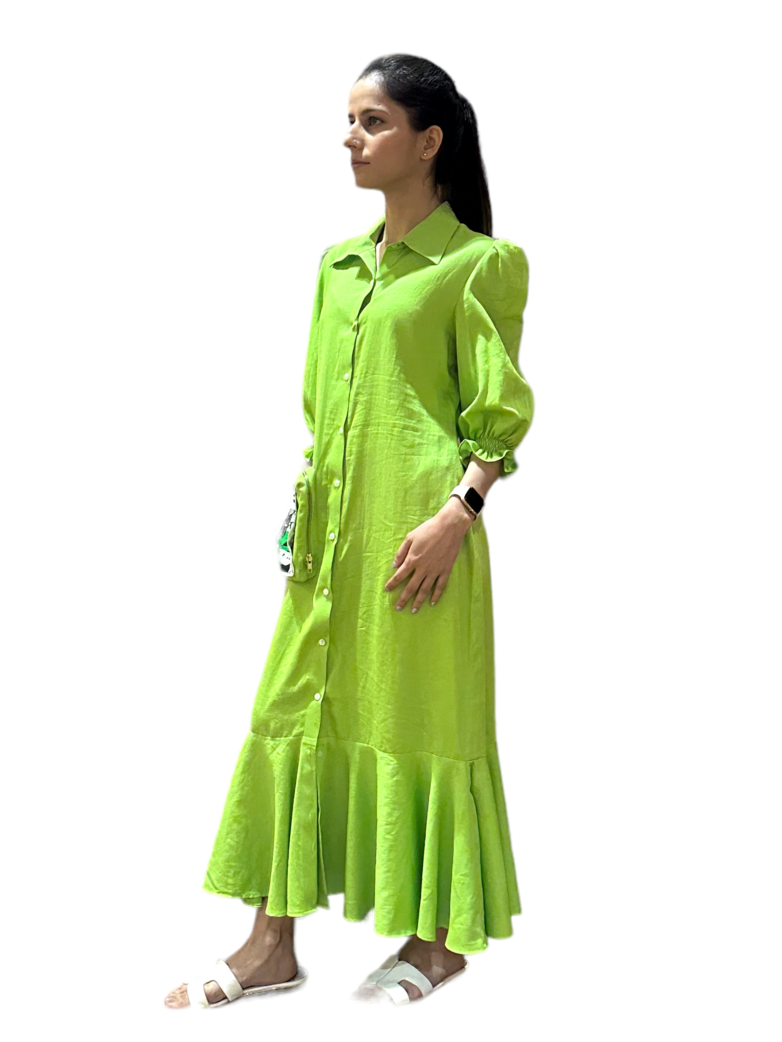 PEAR GREEN LONG PLEATED SHIRT DRESS