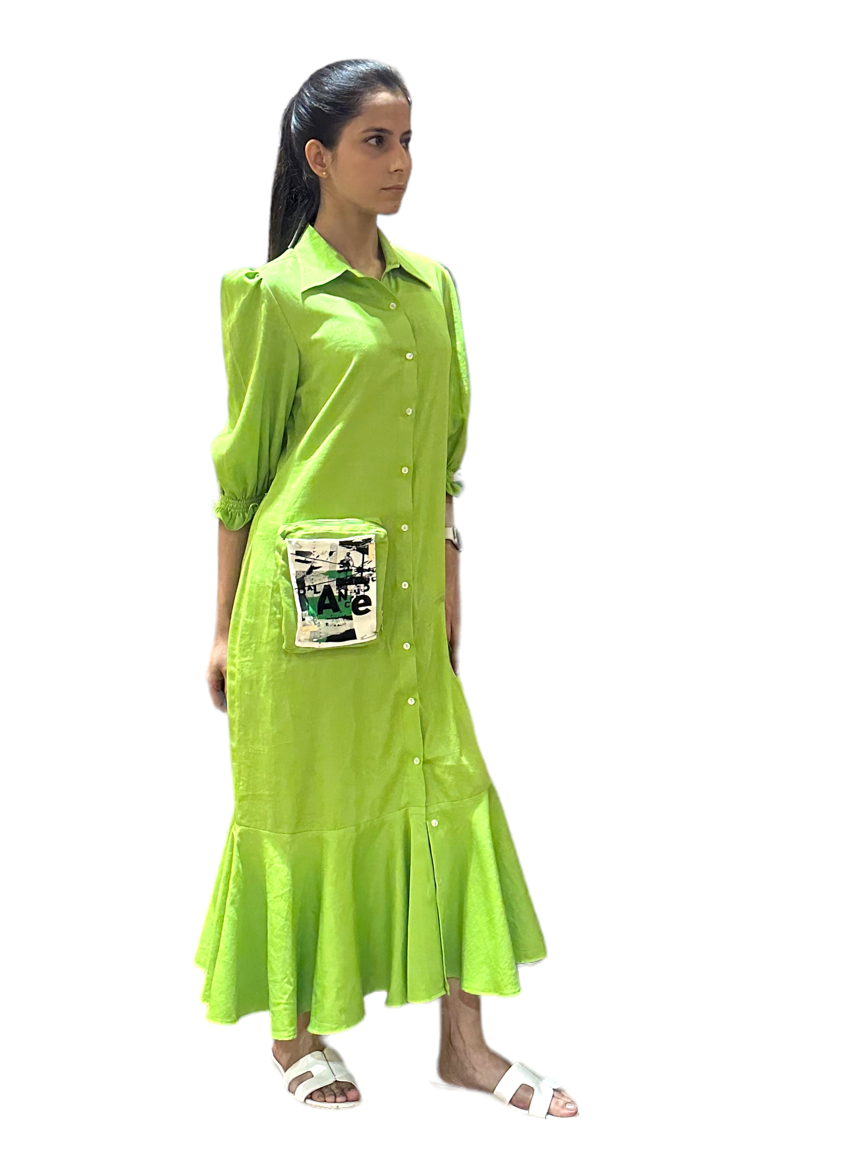 PEAR GREEN LONG PLEATED SHIRT DRESS