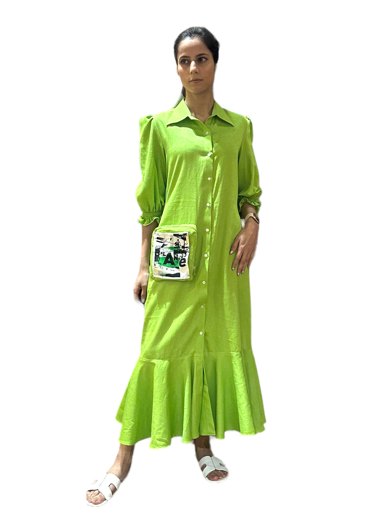 PEAR GREEN LONG PLEATED SHIRT DRESS